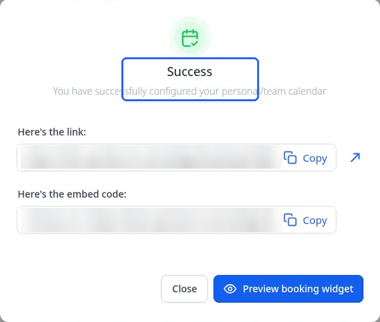 The Success window with the booking link and embed code