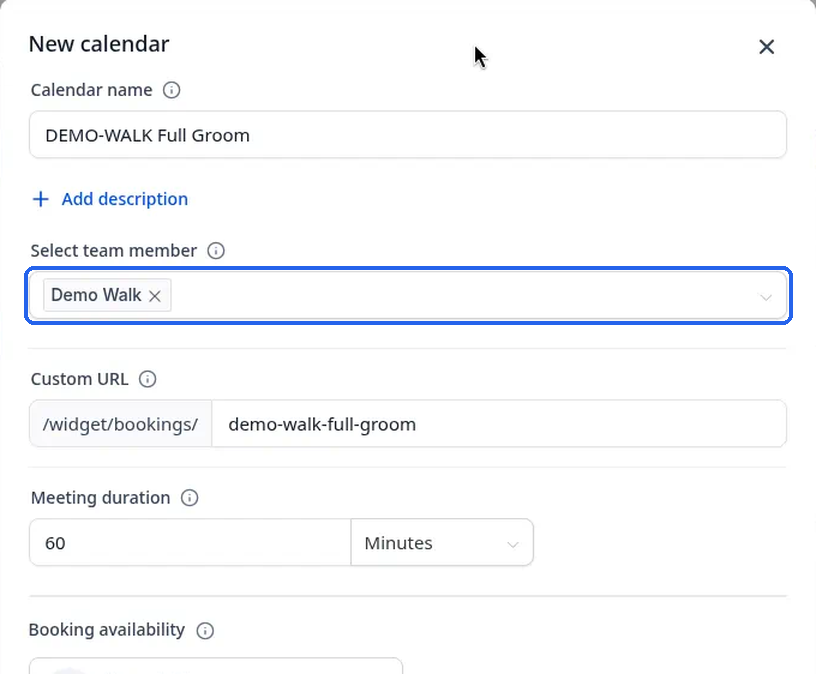 The filled-in New calendar form with the team member highlighted