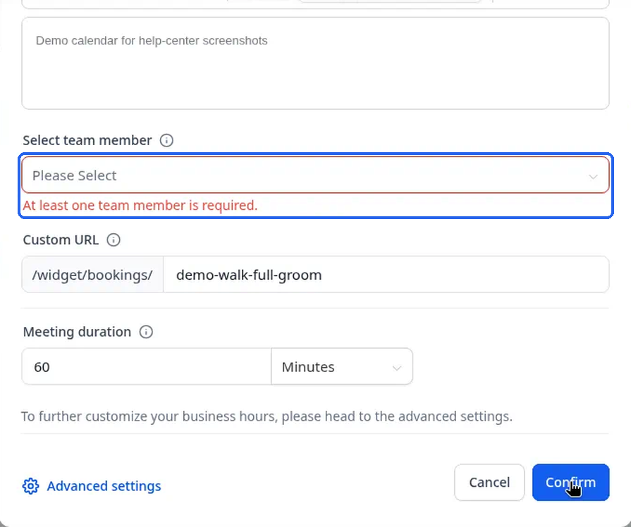 The "At least one team member is required." message under Select team member