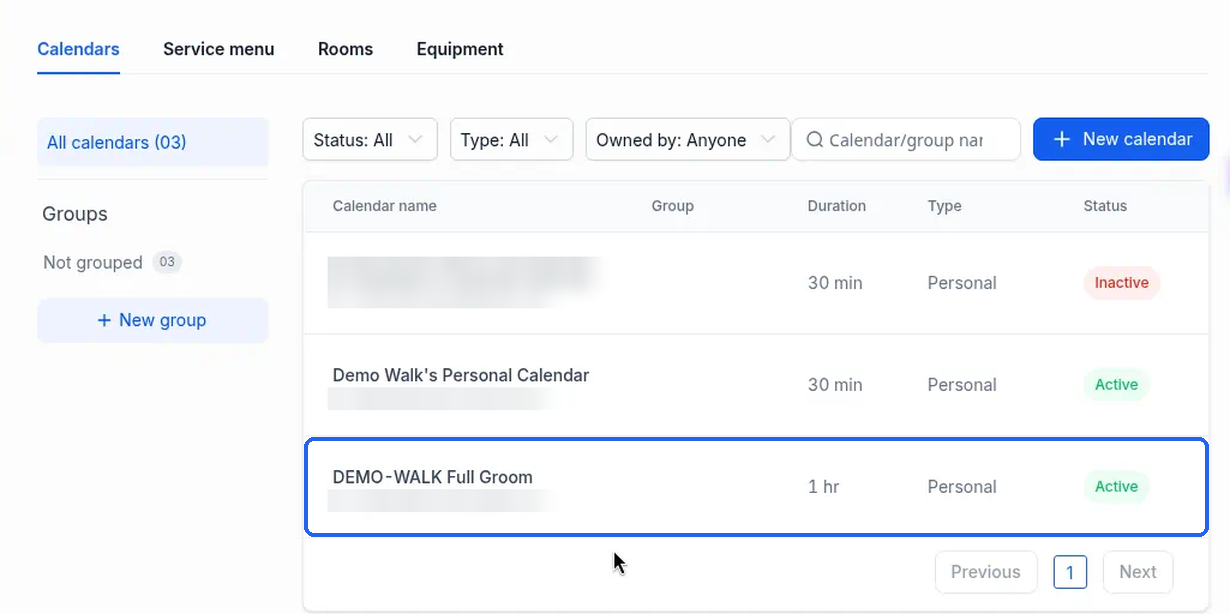 The new calendar in the list with the status Active