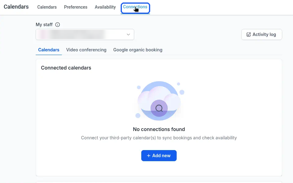 The Connections tab, showing the My staff selector, the sub-tabs and "No connections found"