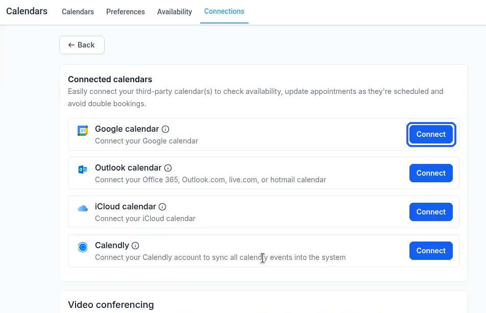 The Connect button on the Google calendar row, highlighted