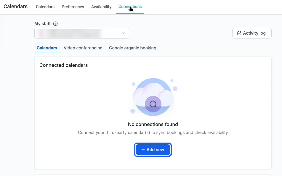 The + Add new button highlighted on the Connections tab