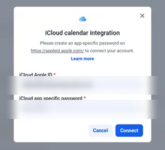 The iCloud calendar integration form in Syndra, with the Apple ID and password fields blurred