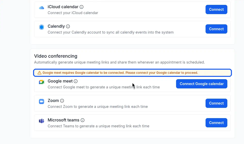 The Video conferencing section with the Google meet warning, and Zoom and Microsoft teams Connect buttons