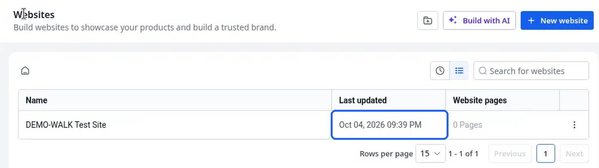 A website row with its Last updated date and number of pages