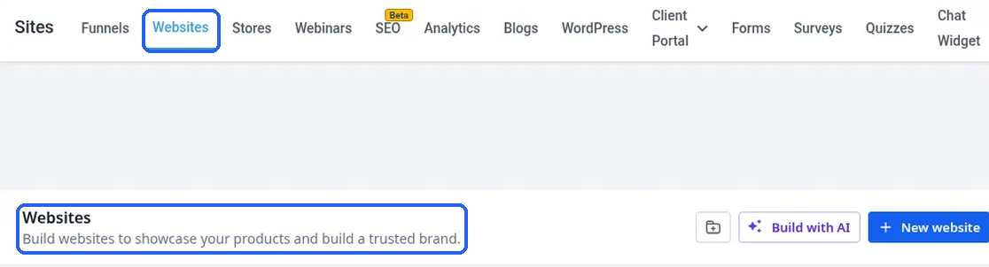 The Sites tabs with Websites selected and the Websites header