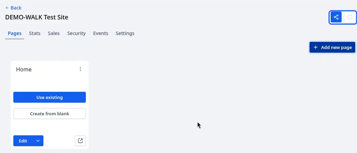 The share and info icons at the top right of the website page, highlighted