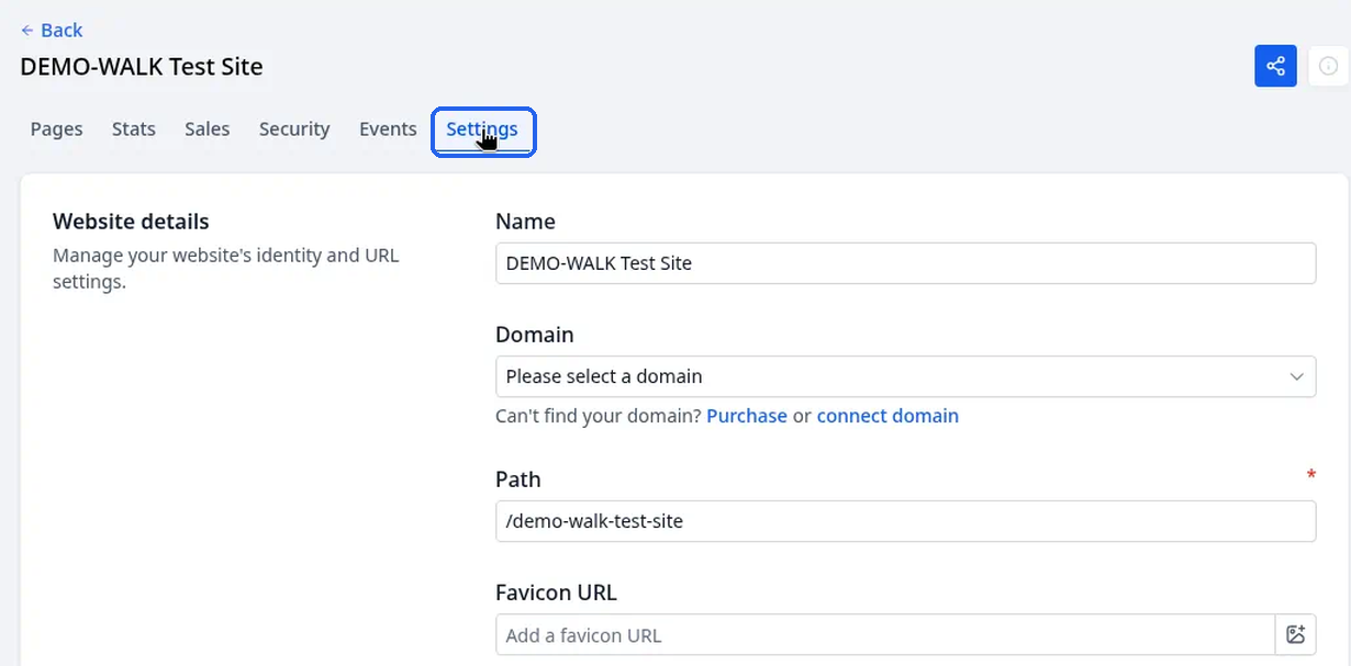 The website's Settings tab with Name, Domain, Path and Favicon URL