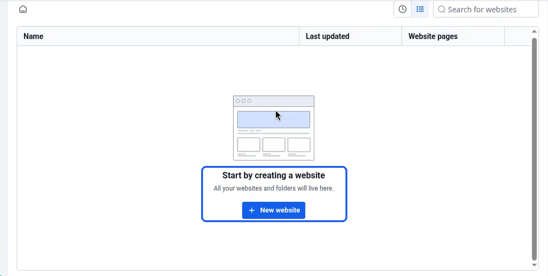 The empty Websites list showing "Start by creating a website"