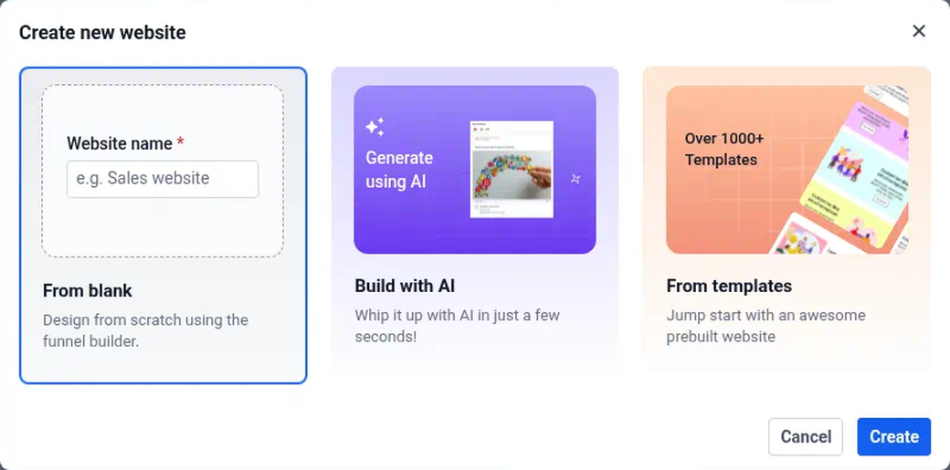 The Create new website window with From blank, Build with AI and From templates