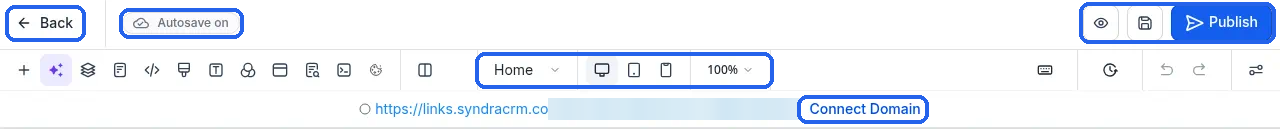 The page builder's top bars: Back, Autosave on, Preview, Save and Publish, the page dropdown and device icons, and the page's preview address with Connect Domain