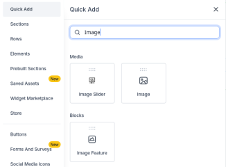 Quick Add search for "Image", showing Image Slider and Image under Media and Image Feature under Blocks