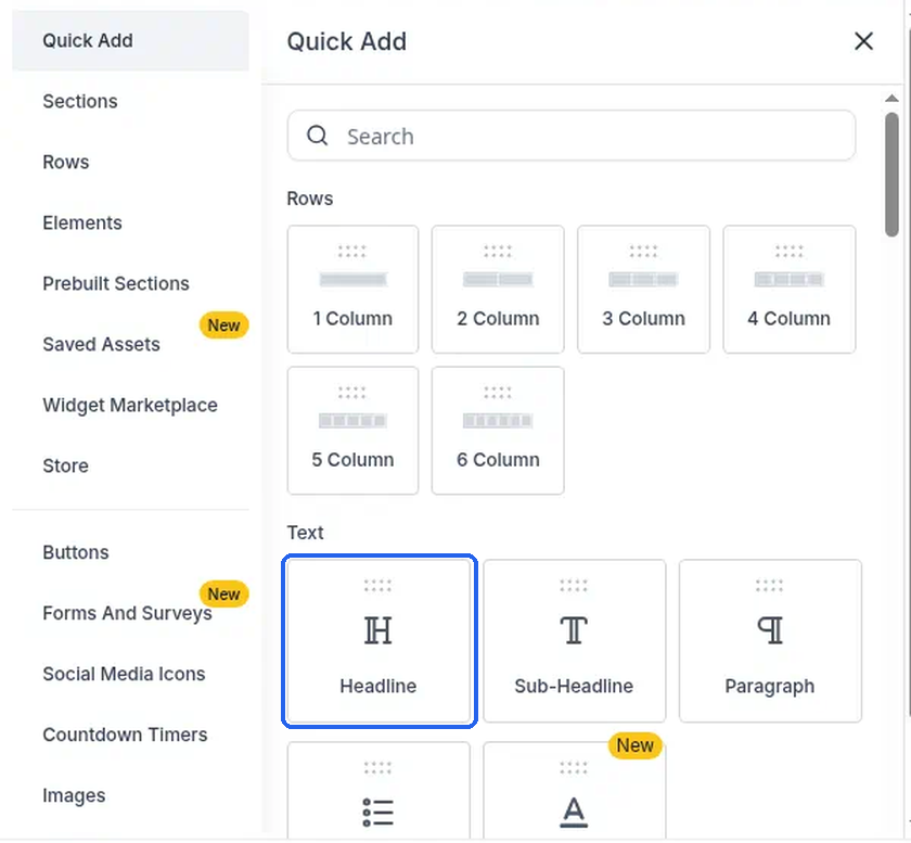 The Quick Add panel with Rows and Text options