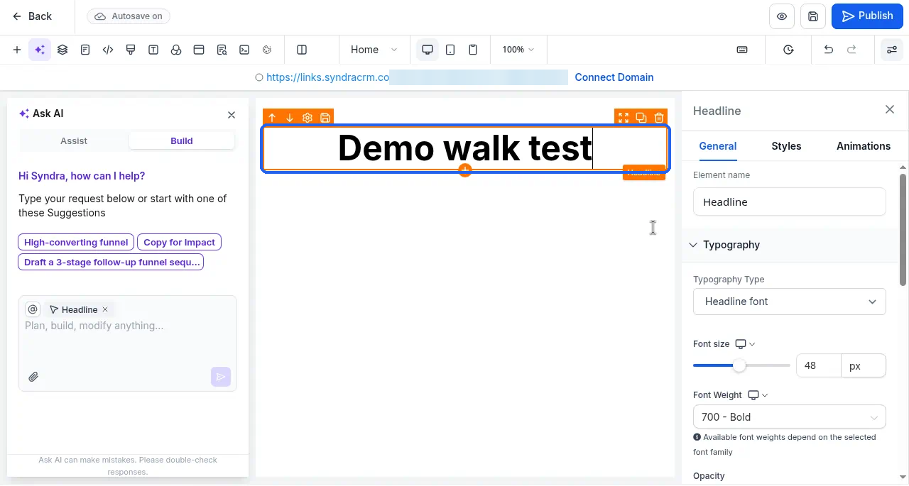 A headline selected in the builder, with its orange frame and the Headline settings panel on the right