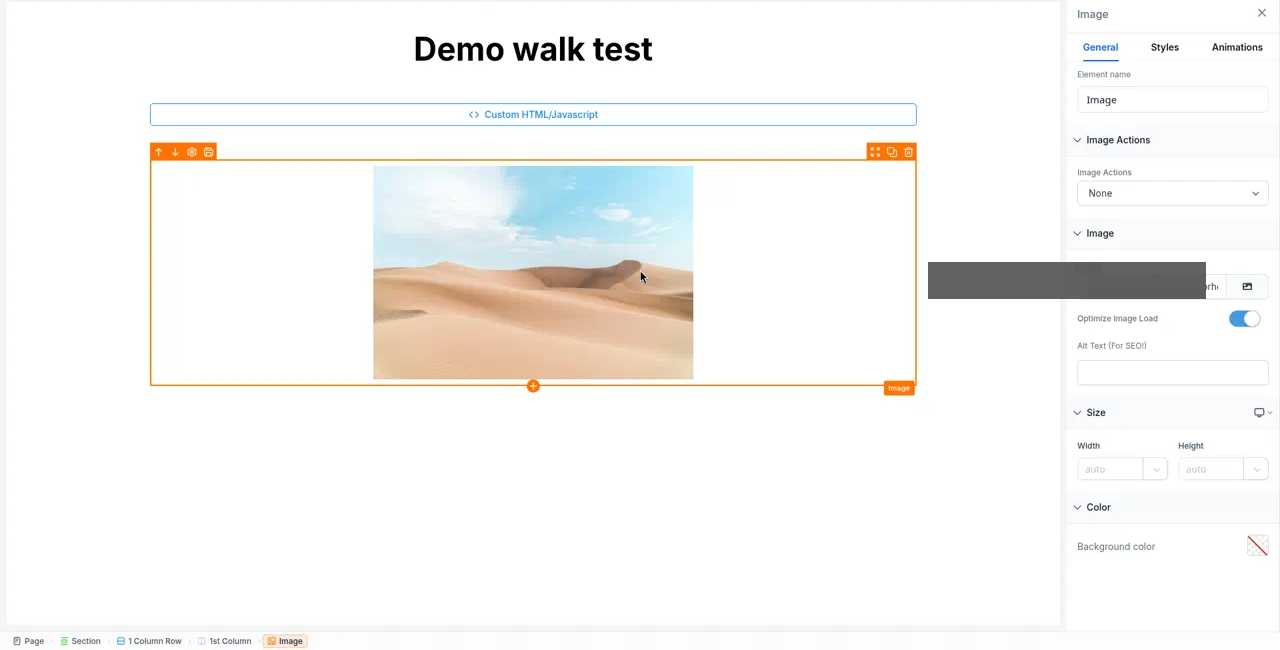 An image selected on the page, with the Image settings panel open on the General tab