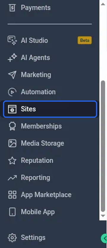 The main left-hand menu with Sites highlighted