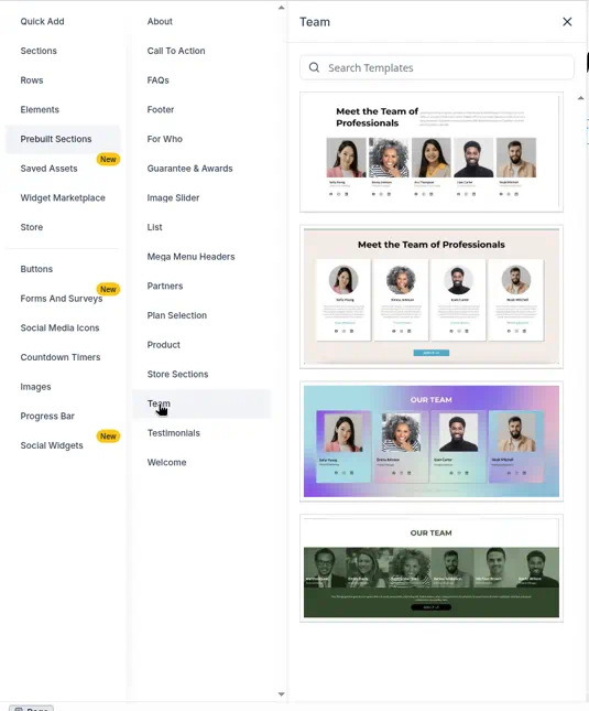 Quick Add with Prebuilt Sections and Team selected, showing four team layouts