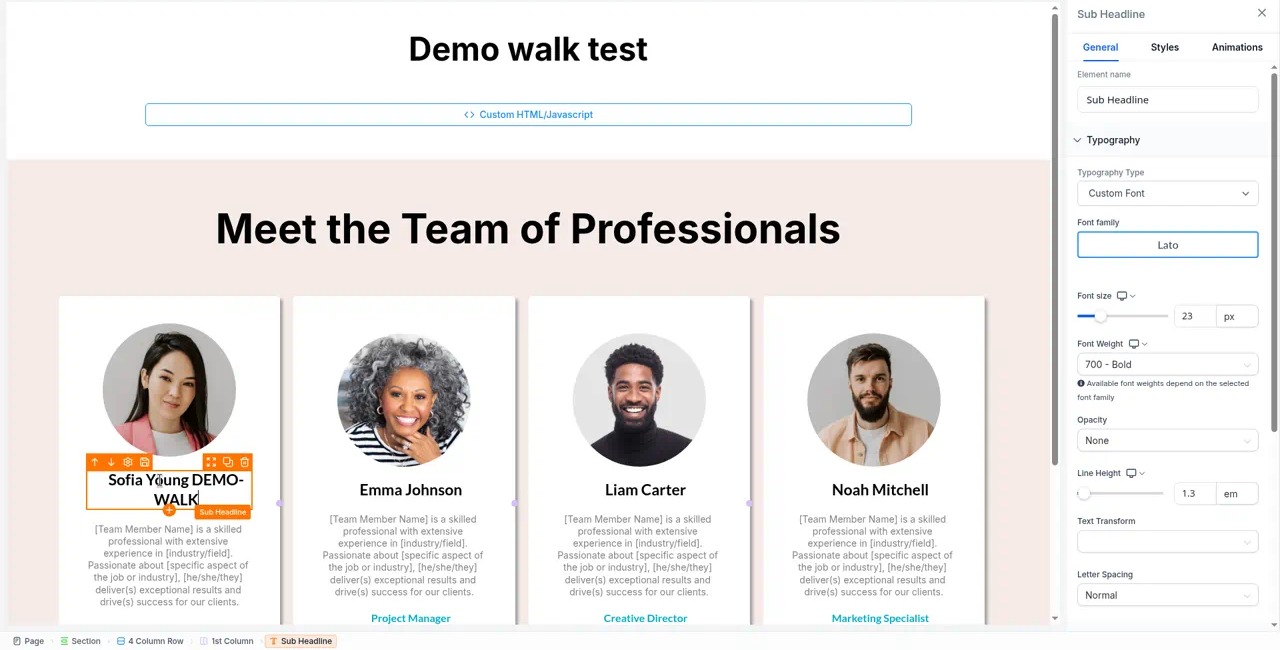A team section on the page with the first name selected and the Sub Headline settings panel open