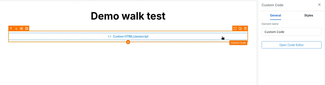 A Custom HTML/Javascript block selected, with the Custom Code panel open on the General tab