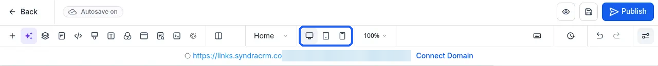 The desktop, tablet and mobile icons in the builder, highlighted