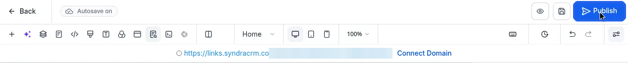 The Publish button at the top right of the builder