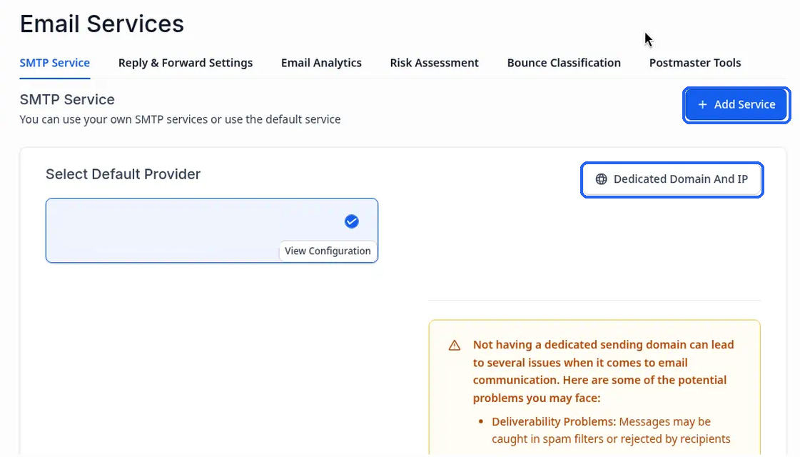 The + Add Service and Dedicated Domain And IP buttons highlighted