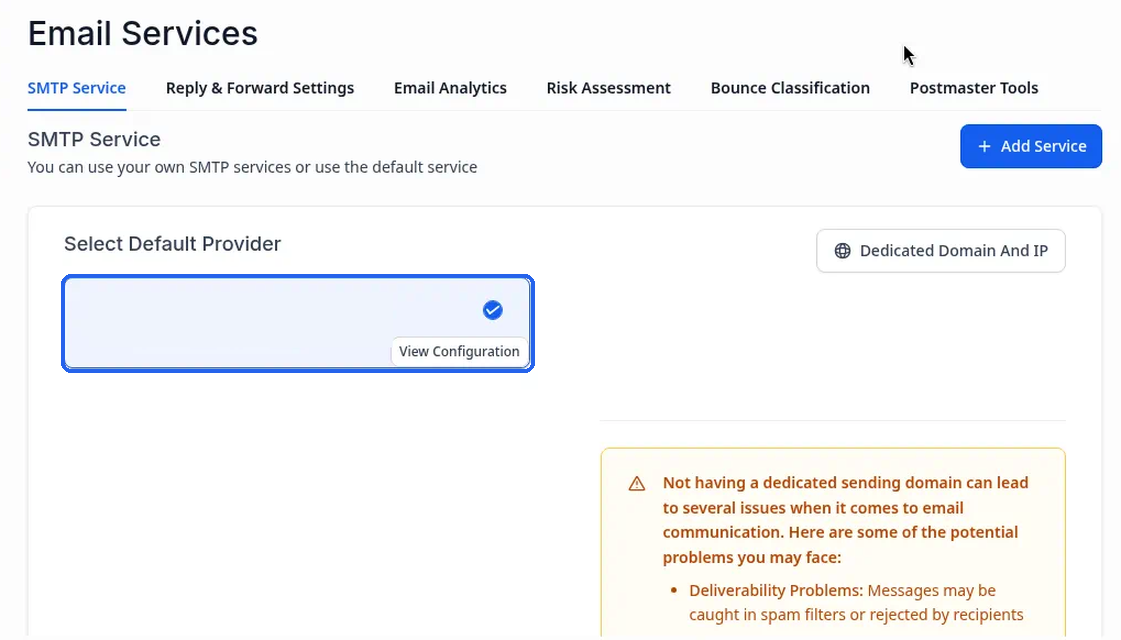 The default provider card with its blue check mark (service name and domain hidden in this image)