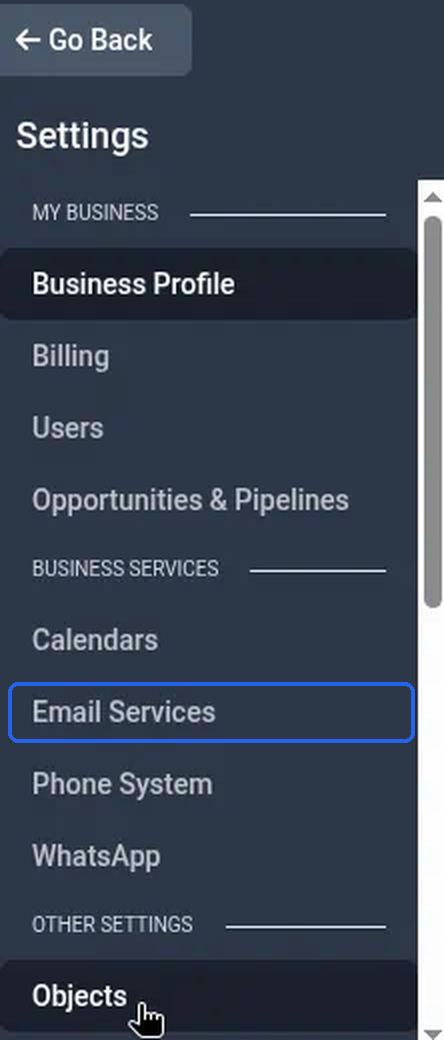 The Settings menu with Email Services highlighted under BUSINESS SERVICES