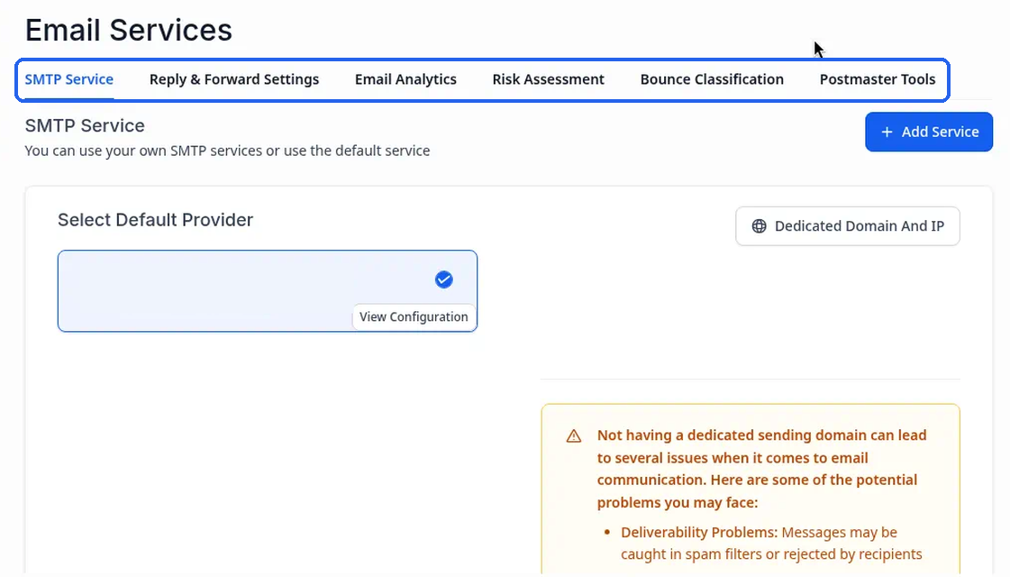 The Email Services page with its six tabs, open on SMTP Service