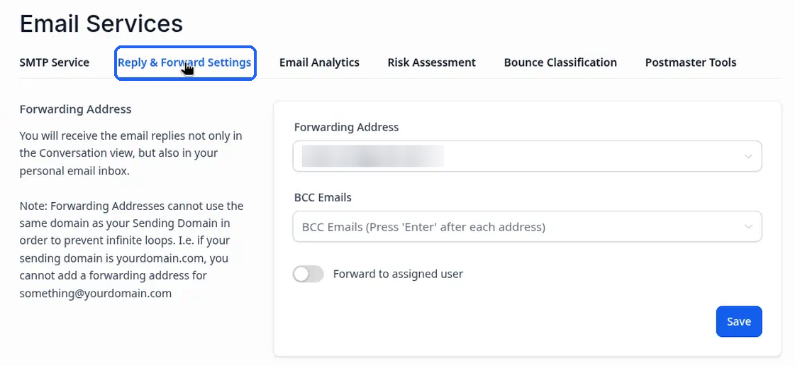 The Reply & Forward Settings tab (forwarding address hidden)