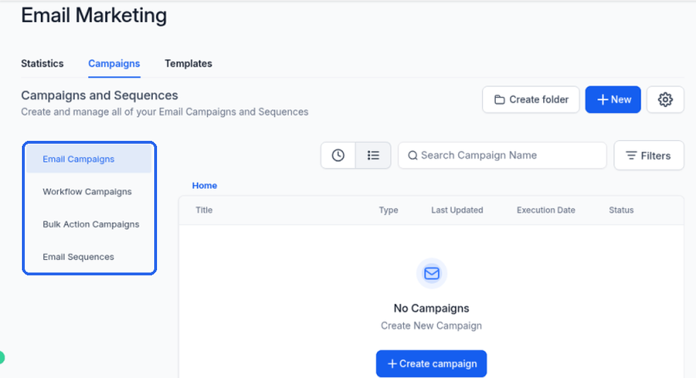 The list on the left with Email Campaigns, Workflow Campaigns, Bulk Action Campaigns and Email Sequences highlighted