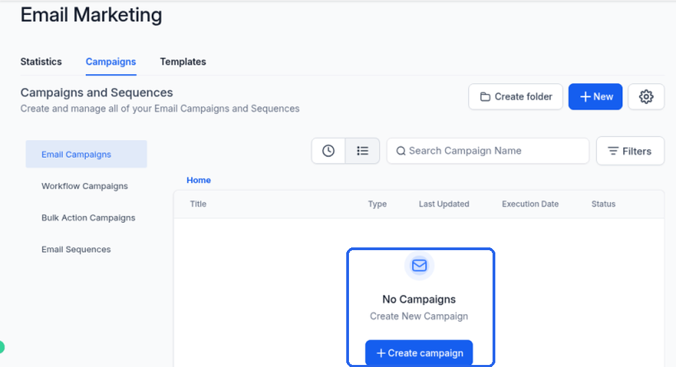 The empty Campaigns list showing No Campaigns, Create New Campaign and the + Create campaign button
