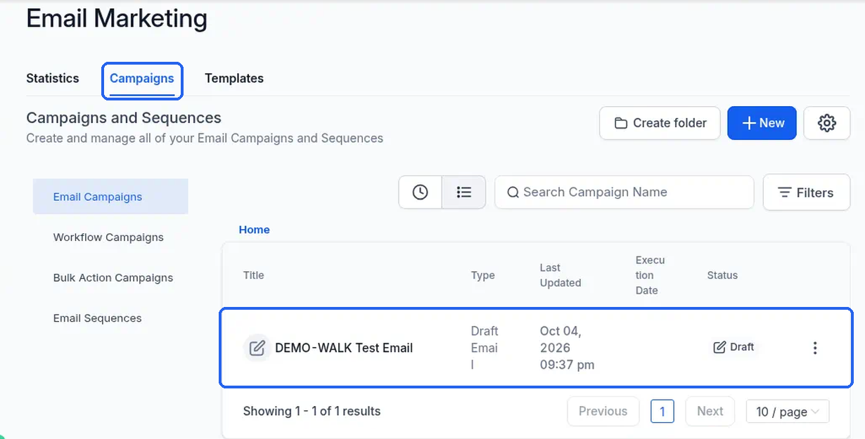 The Campaigns tab highlighted, with the Campaigns and Sequences list showing one draft campaign row highlighted