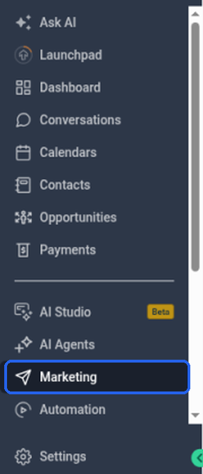 The main left-hand menu with Marketing highlighted