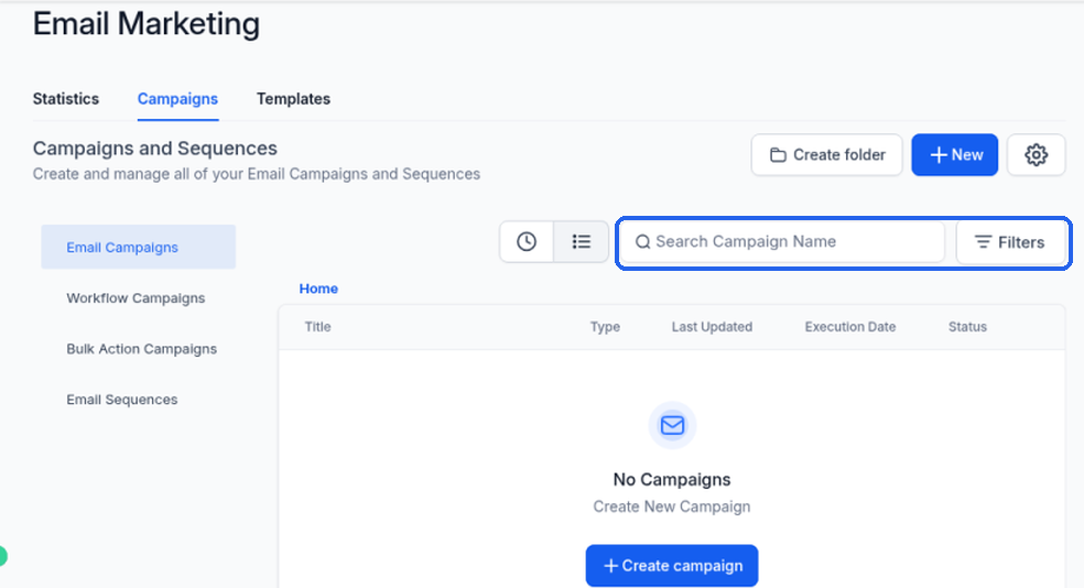 The Search Campaign Name box and the Filters button highlighted