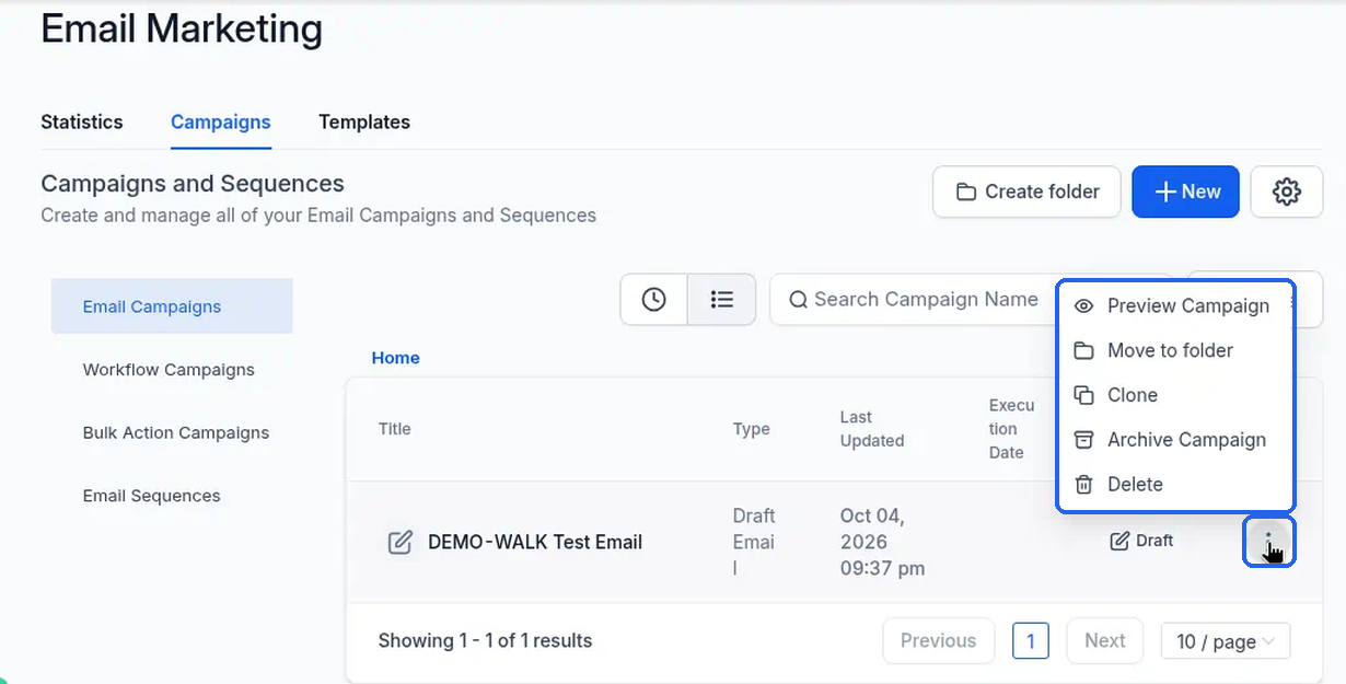 The three-dot menu on a campaign row, open, showing Preview Campaign, Move to folder, Clone, Archive Campaign and Delete