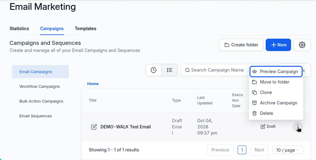 Preview Campaign highlighted at the top of the row's three-dot menu