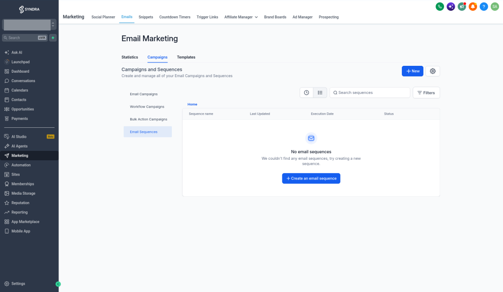 The Email Sequences filter selected, showing the "No email sequences" empty state and the Create an email sequence button