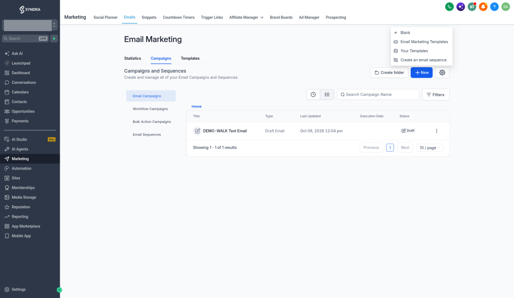 The + New menu open, showing Blank, Email Marketing Templates, Your Templates and Create an email sequence