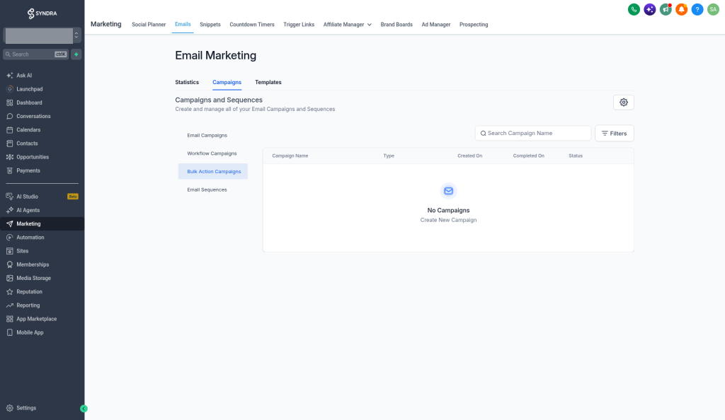 Empty Bulk Action Campaigns list showing No Campaigns and a Create New Campaign button