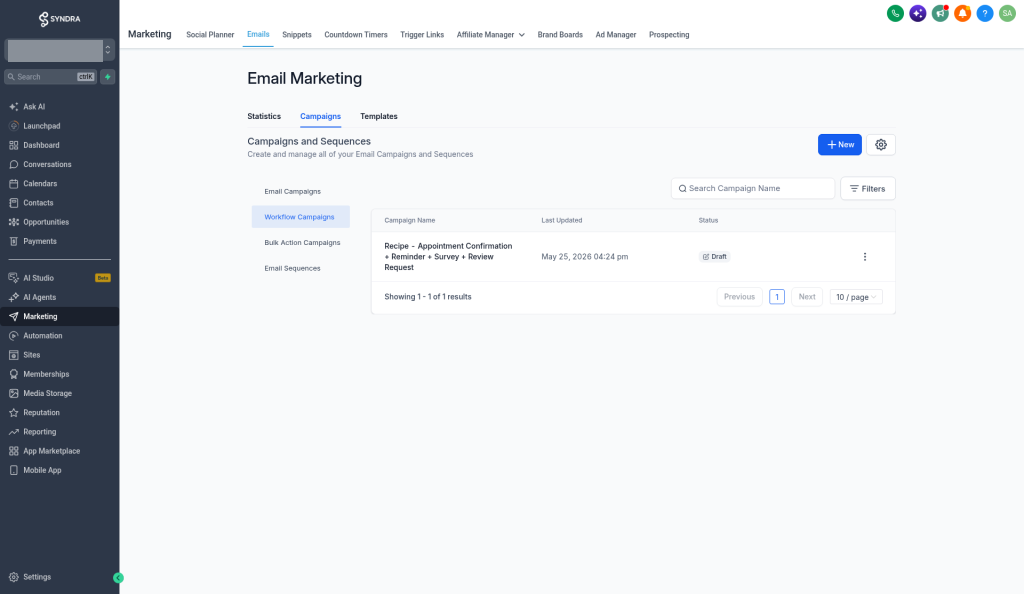 The Workflow Campaigns filter selected, showing the Campaign Name, Last Updated and Status columns