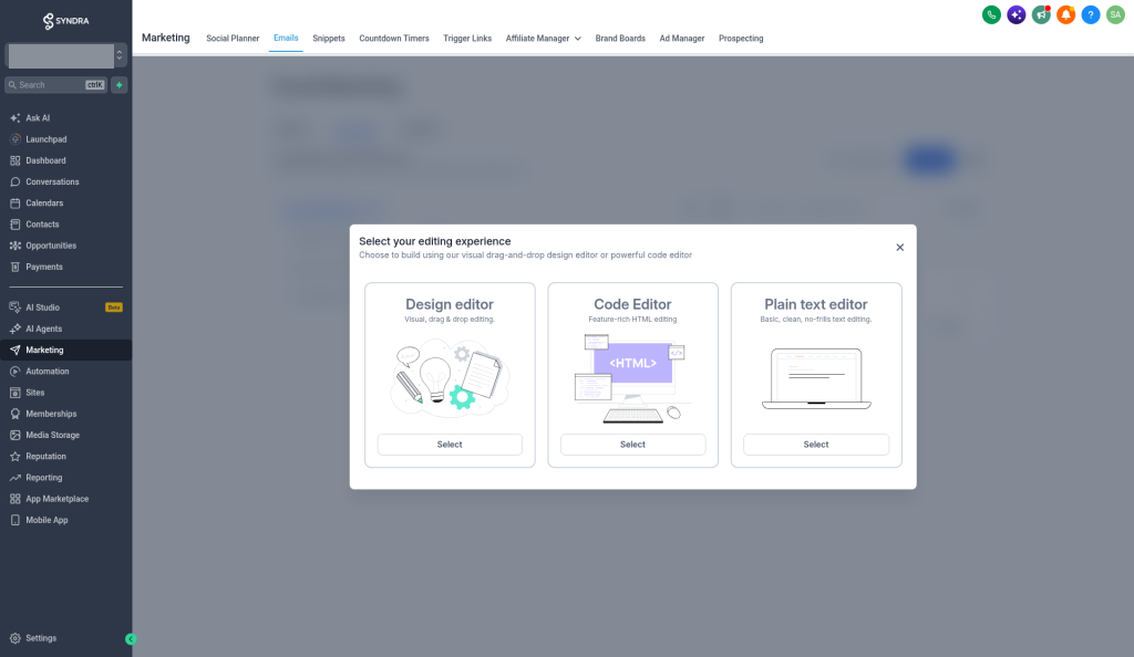 The "Select your editing experience" window with the Design editor, Code Editor and Plain text editor options
