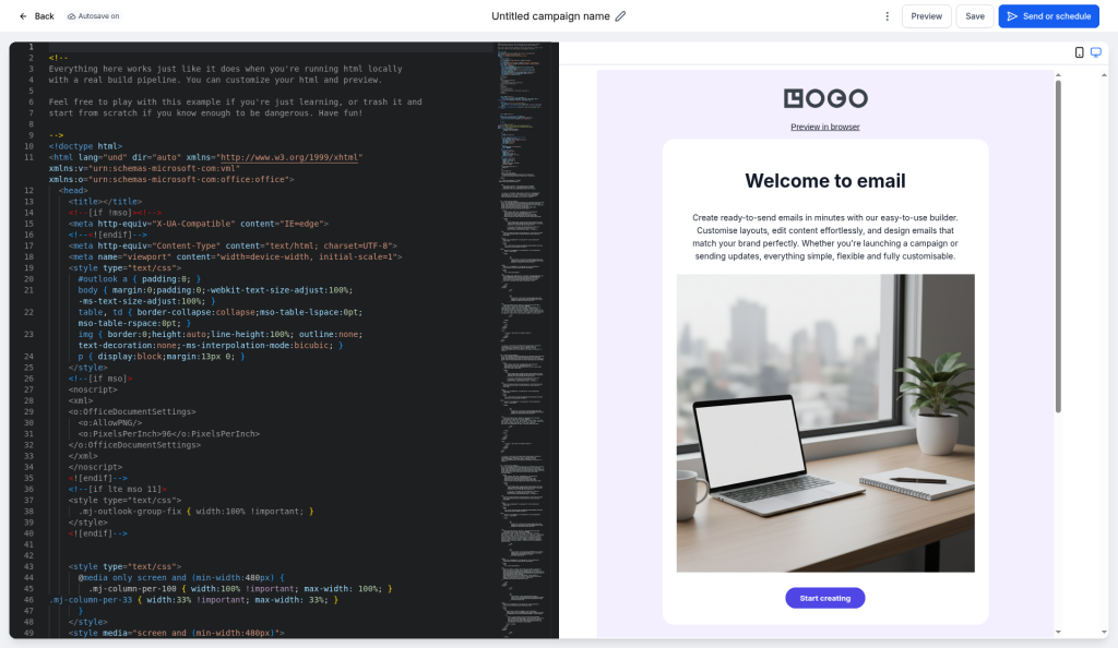 The email editor's first screen, with "Untitled campaign name" in the header and the Back, Preview, Save, ⋮ and Send or schedule buttons