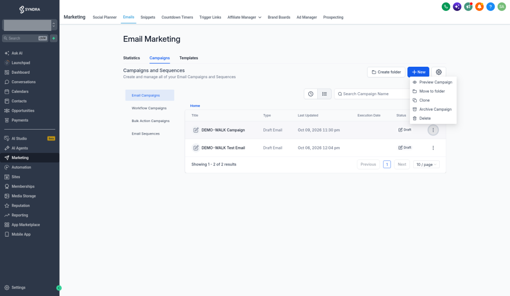The ⋮ menu on a draft row, showing Preview Campaign, Move to folder, Clone, Archive Campaign and Delete