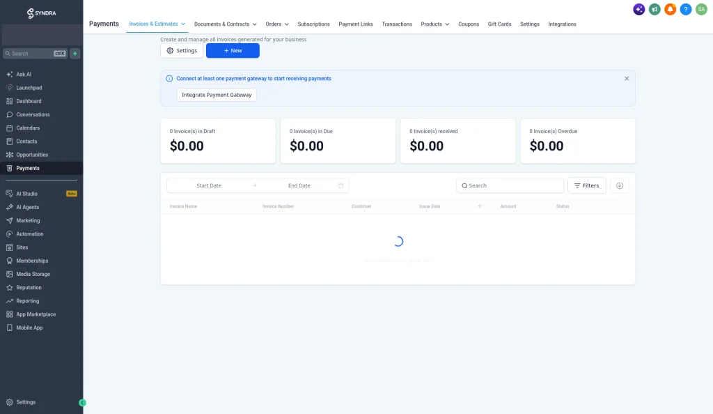 The Invoices page with the payment gateway banner and the four summary cards