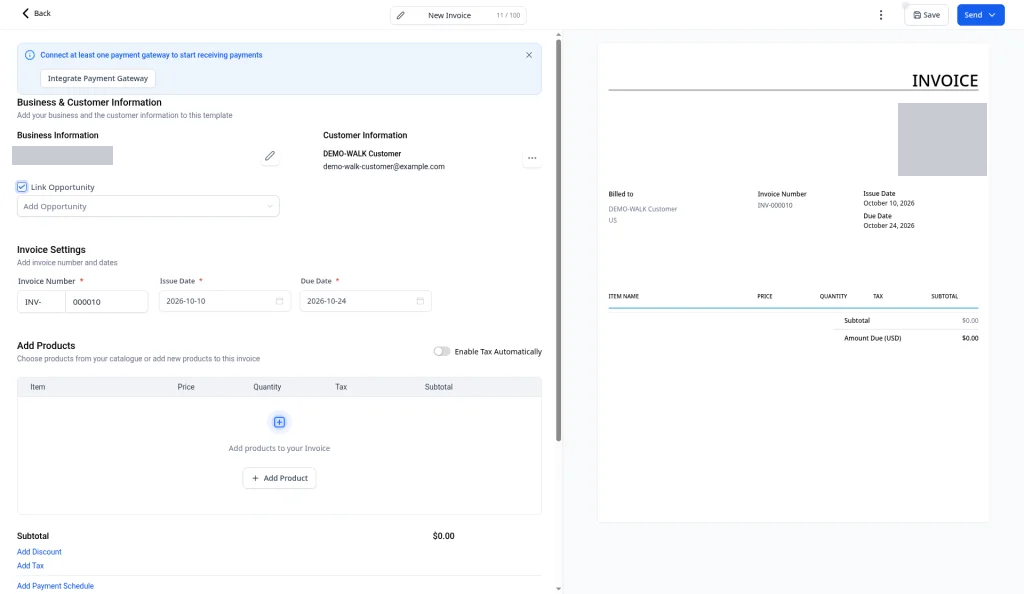 Link Opportunity ticked, showing the Add Opportunity dropdown