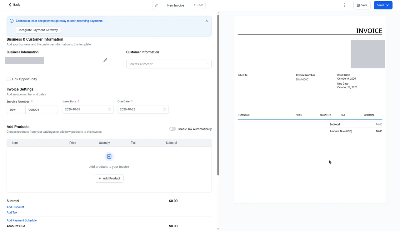 A blank New Invoice form with the live preview on the right