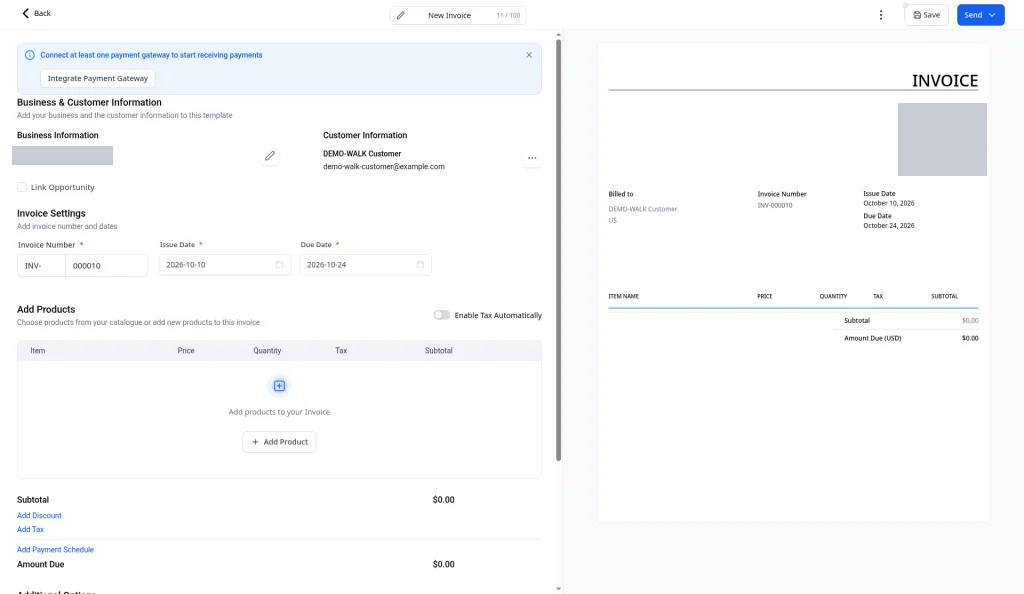The new customer selected on the invoice and shown in the preview