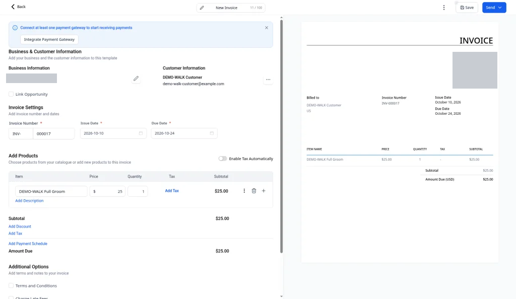 One line item on the invoice with the subtotal updated
